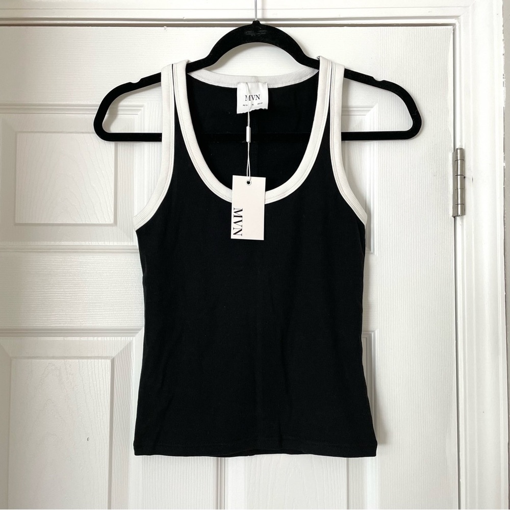MVN Black/White Contrast Rib Tank Top Singlet, L